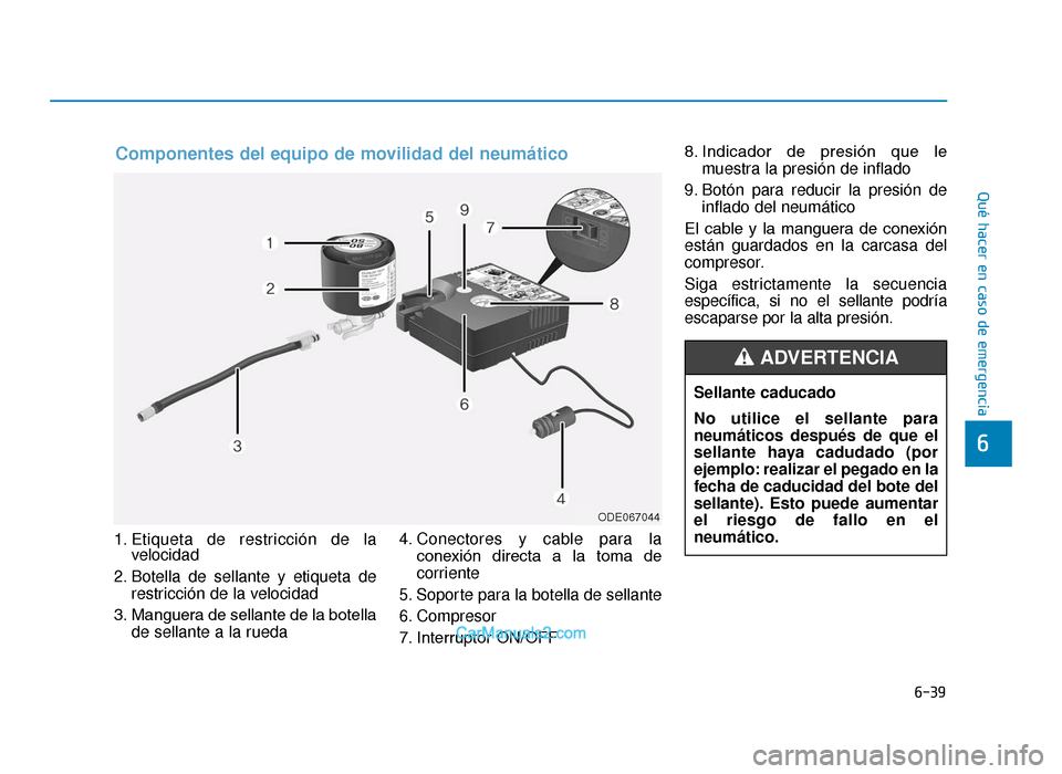 Hyundai Tucson 2019  Manual del propietario (in Spanish) 6-39
Qué hacer en caso de emergencia
1. Etiqueta de restricción de lavelocidad
2. Botella de sellante y etiqueta de restricción de la velocidad
3. Manguera de sellante de la botella de sellante a l