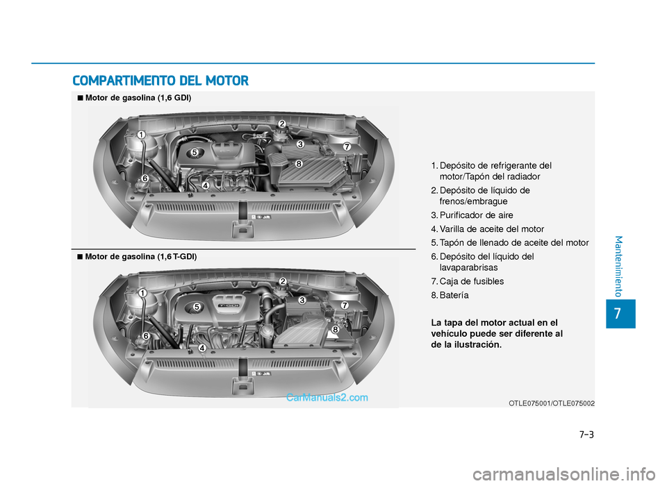 Hyundai Tucson 2019 Manual del propietario (in Spanish) 7-3
7
Mantenimiento
COMPARTIMENTO DEL MOTOR
1. Depósito de refrigerante delmotor/Tapón del radiador
2. Depósito de líquido de frenos/embrague
3. Purificador de aire
4. Varilla de aceite del motor
Hyundai Tucson 2019 Manual del propietario (in Spanish) 7-3
7
Mantenimiento
COMPARTIMENTO DEL MOTOR
1. Depósito de refrigerante delmotor/Tapón del radiador
2. Depósito de líquido de frenos/embrague
3. Purificador de aire
4. Varilla de aceite del motor
