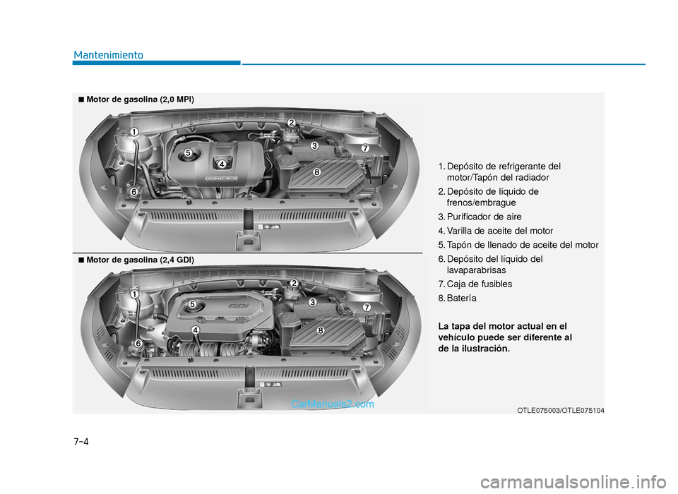 Hyundai Tucson 2019 Manual del propietario (in Spanish) 7-4
Mantenimiento
1. Depósito de refrigerante delmotor/Tapón del radiador
2. Depósito de líquido de frenos/embrague
3. Purificador de aire
4. Varilla de aceite del motor
5. Tapón de llenado de ac Hyundai Tucson 2019 Manual del propietario (in Spanish) 7-4
Mantenimiento
1. Depósito de refrigerante delmotor/Tapón del radiador
2. Depósito de líquido de frenos/embrague
3. Purificador de aire
4. Varilla de aceite del motor
5. Tapón de llenado de ac