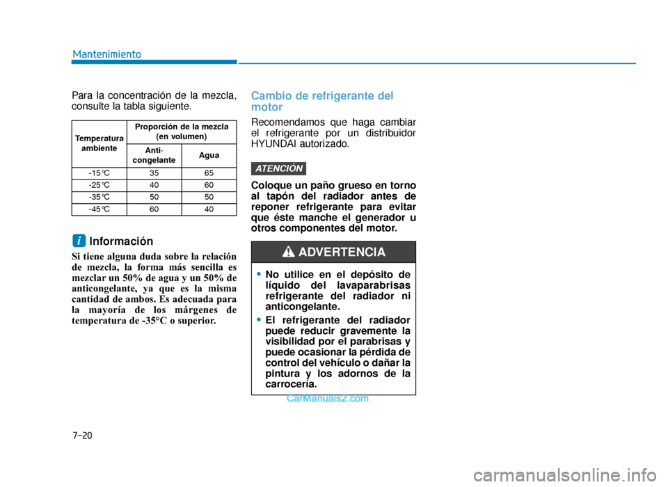 Hyundai Tucson 2019 Manual del propietario (in Spanish) 7-20
Mantenimiento
Para la concentración de la mezcla,
consulte la tabla siguiente.
Información
Si tiene alguna duda sobre la relación
de mezcla, la forma más sencilla es
mezclar un 50% de agua y Hyundai Tucson 2019 Manual del propietario (in Spanish) 7-20
Mantenimiento
Para la concentración de la mezcla,
consulte la tabla siguiente.
Información
Si tiene alguna duda sobre la relación
de mezcla, la forma más sencilla es
mezclar un 50% de agua y