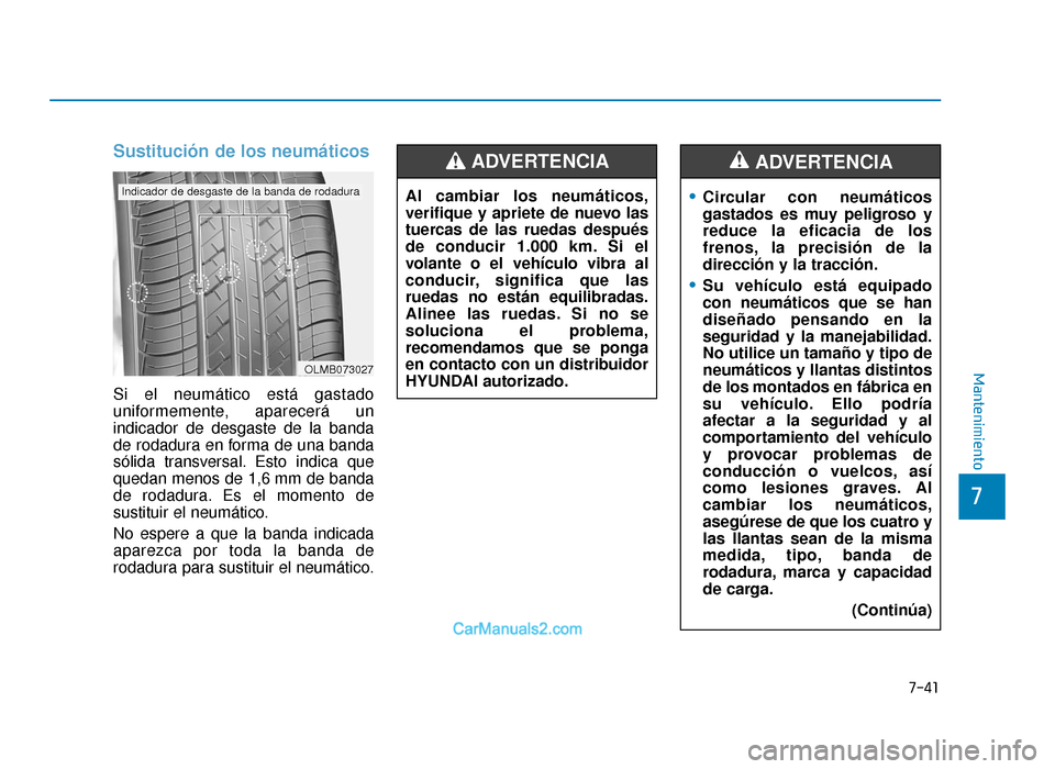 Hyundai Tucson 2019 Manual del propietario (in Spanish) 7-41
7
Mantenimiento
Sustitución de los neumáticos
Si el neumático está gastado
uniformemente, aparecerá un
indicador de desgaste de la banda
de rodadura en forma de una banda
sólida transversal Hyundai Tucson 2019 Manual del propietario (in Spanish) 7-41
7
Mantenimiento
Sustitución de los neumáticos
Si el neumático está gastado
uniformemente, aparecerá un
indicador de desgaste de la banda
de rodadura en forma de una banda
sólida transversal
