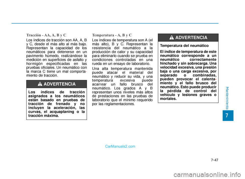 Hyundai Tucson 2019  Manual del propietario (in Spanish) 7-47
7
Mantenimiento
Tracción - AA, A, B y C 
Los índices de tracción son AA, A, B
y C, desde el más alto al más bajo.
Representan la capacidad de los
neumáticos para detenerse en un
pavimento h