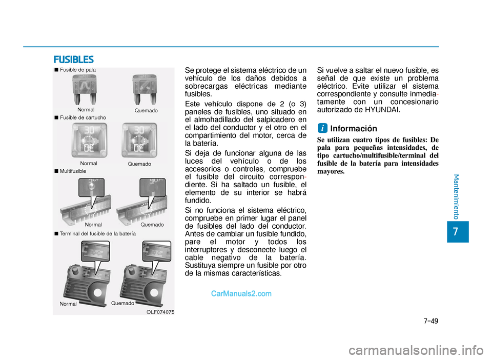 Hyundai Tucson 2019  Manual del propietario (in Spanish) 7-49
7
Mantenimiento
FUSIBLES
Se protege el sistema eléctrico de un
vehículo de los daños debidos a
sobrecargas eléctricas mediante
fusibles.
Este  vehículo  dispone  de  2  (o  3)
paneles de fus