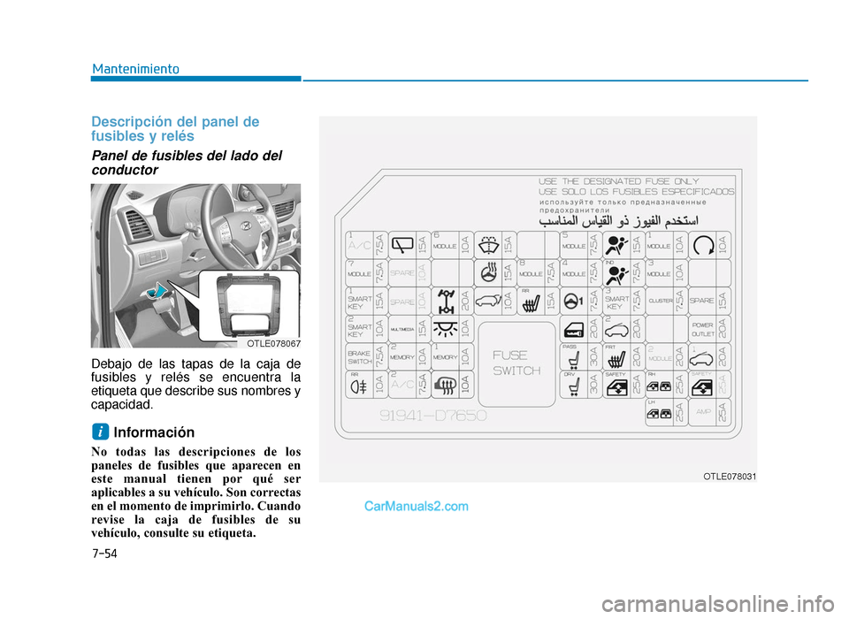 Hyundai Tucson 2019  Manual del propietario (in Spanish) 7-54
Mantenimiento
Descripción del panel de
fusibles y relés
Panel de fusibles del lado delconductor
Debajo de las tapas de la caja de
fusibles y relés se encuentra la
etiqueta que describe sus nom