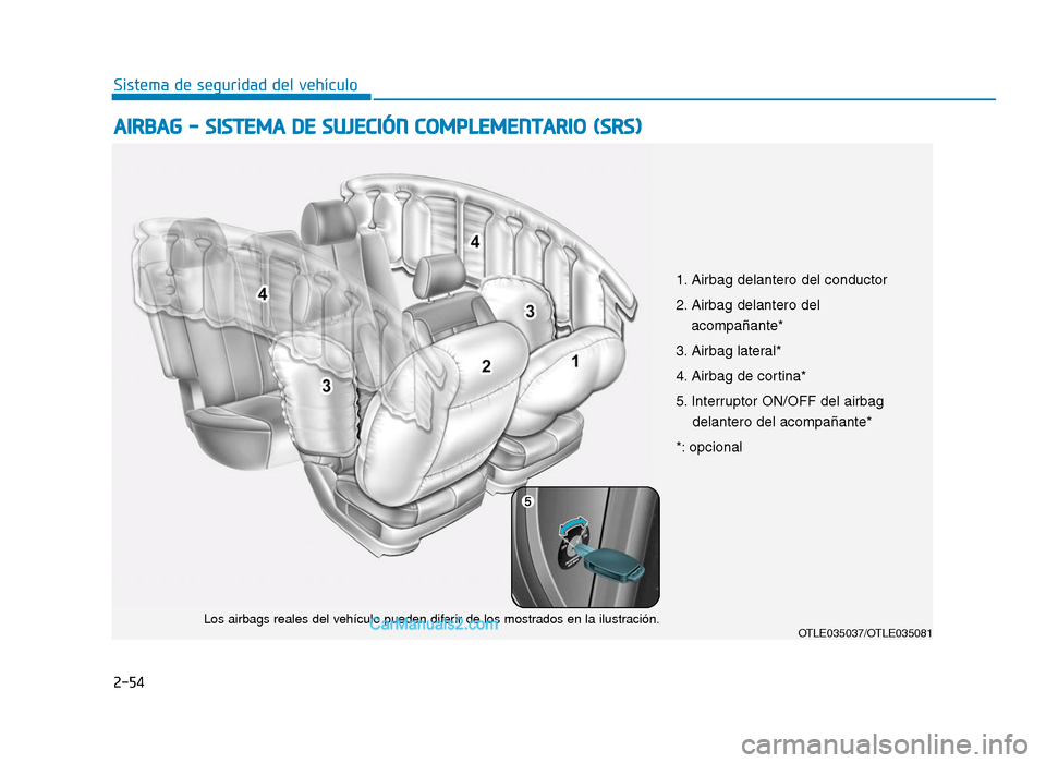 Hyundai Tucson 2019 Manual del propietario (in Spanish) 2-54
Sistema de seguridad del vehÃculo
AIRBAG - SISTEMA DE SUJECIÓN COMPLEMENTARIO (SRS)
OTLE035037/OTLE035081Los airbags reales del vehÃculo pueden diferir de los mostrados en la ilustración.
1. Hyundai Tucson 2019 Manual del propietario (in Spanish) 2-54
Sistema de seguridad del vehÃculo
AIRBAG - SISTEMA DE SUJECIÓN COMPLEMENTARIO (SRS)
OTLE035037/OTLE035081Los airbags reales del vehÃculo pueden diferir de los mostrados en la ilustración.
1.