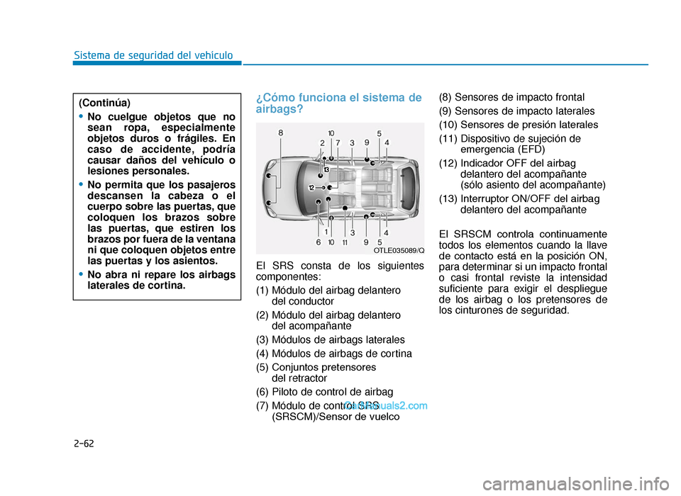 Hyundai Tucson 2019  Manual del propietario (in Spanish) 2-62
Sistema de seguridad del vehículo
¿Cómo funciona el sistema de
airbags?
El SRS consta de los siguientes
componentes:
(1) Módulo del airbag delanterodel conductor
(2) Módulo del airbag delant