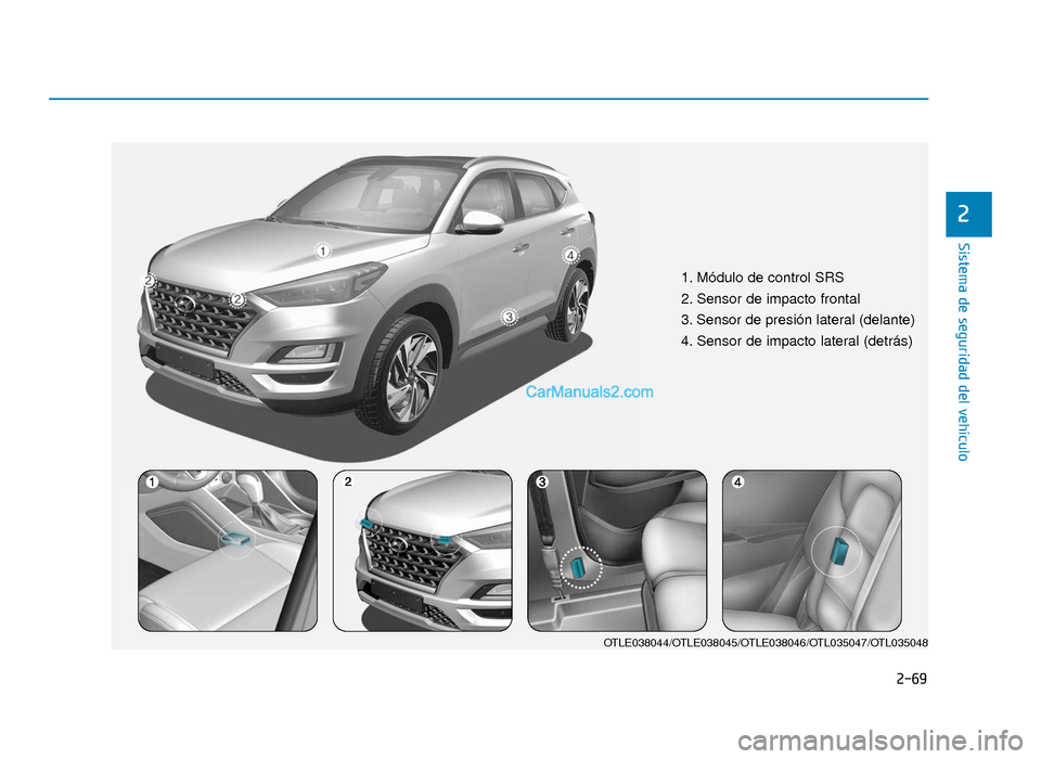 Hyundai Tucson 2019  Manual del propietario (in Spanish) 2-69
Sistema de seguridad del vehículo
2
OTLE038044/OTLE038045/OTLE038046/OTL035047/OTL035048
1. Módulo de control SRS
2. Sensor de impacto frontal
3. Sensor de presión lateral (delante)
4. Sensor 