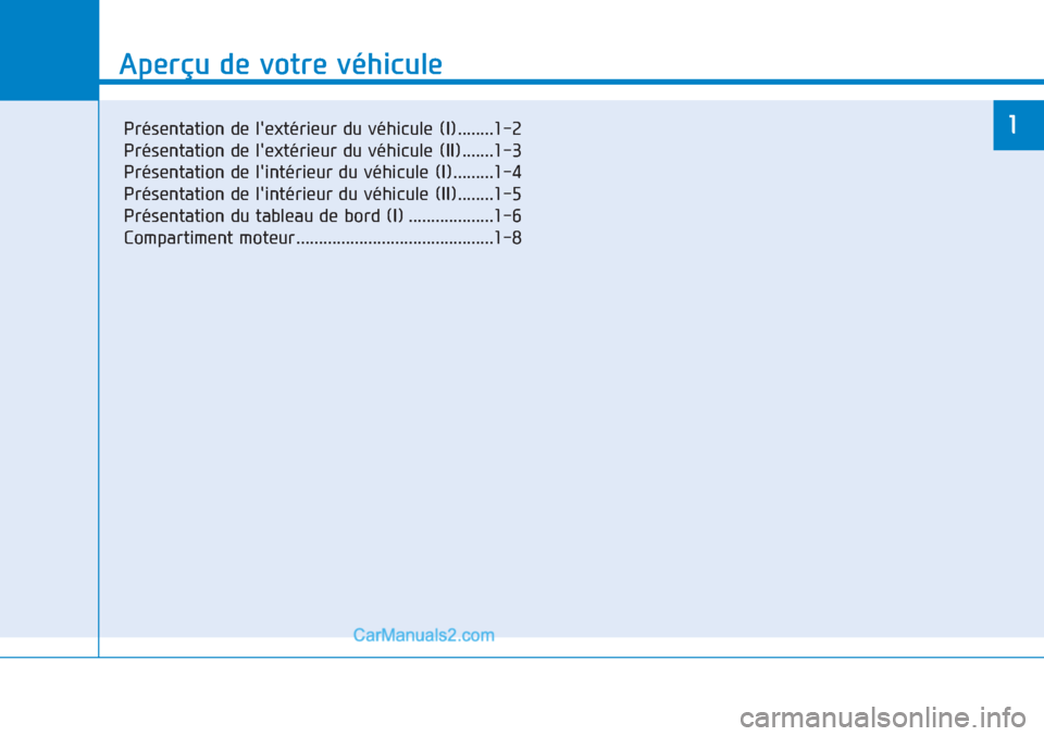 Hyundai Tucson 2019 Manuel du propriétaire (in French) Aperçu de votre véhicule
1
Aperçu de votre véhicule
1Présentation de lextérieur du véhicule (I)........1-2
Présentation de lextérieur du véhicule (II).......1-3
Présentation de lintérie Hyundai Tucson 2019 Manuel du propriétaire (in French) Aperçu de votre véhicule
1
Aperçu de votre véhicule
1Présentation de lextérieur du véhicule (I)........1-2
Présentation de lextérieur du véhicule (II).......1-3
Présentation de lintérie