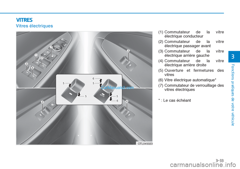 Hyundai Tucson 2019 Manuel du propriétaire (in French) 3-33
Fonctions pratiques de votre véhicule
3
VITRES
Vitres électriques
(1) Commutateur de la vitre
électrique conducteur
(2) Commutateur de la vitre
électrique passager avant
(3) Commutateur de Hyundai Tucson 2019 Manuel du propriétaire (in French) 3-33
Fonctions pratiques de votre véhicule
3
VITRES
Vitres électriques
(1) Commutateur de la vitre
électrique conducteur
(2) Commutateur de la vitre
électrique passager avant
(3) Commutateur de