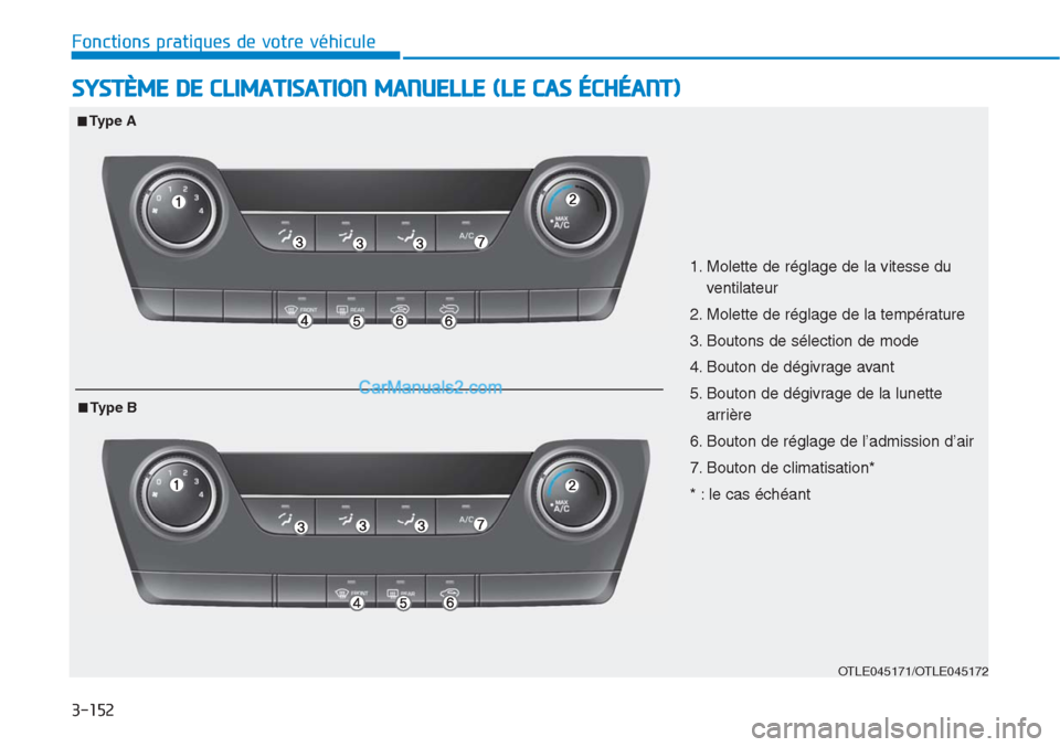 Hyundai Tucson 2019 Manuel du propriétaire (in French) 3-152
Fonctions pratiques de votre véhicule
SYSTÈME DE CLIMATISATION MANUELLE (LE CAS ÉCHÉANT)
OTLE045171/OTLE045172
1. Molette de réglage de la vitesse du
ventilateur
2. Molette de réglage de l Hyundai Tucson 2019 Manuel du propriétaire (in French) 3-152
Fonctions pratiques de votre véhicule
SYSTÈME DE CLIMATISATION MANUELLE (LE CAS ÉCHÉANT)
OTLE045171/OTLE045172
1. Molette de réglage de la vitesse du
ventilateur
2. Molette de réglage de l