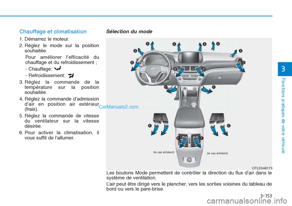Hyundai Tucson 2019 Manuel du propriétaire (in French) 3-153
Fonctions pratiques de votre véhicule
3
Chauffage et climatisation
1. Démarrez le moteur.
2. Réglez le mode sur la position
souhaitée.
Pour améliorer l’efficacité du
chauffage et du refr Hyundai Tucson 2019 Manuel du propriétaire (in French) 3-153
Fonctions pratiques de votre véhicule
3
Chauffage et climatisation
1. Démarrez le moteur.
2. Réglez le mode sur la position
souhaitée.
Pour améliorer l’efficacité du
chauffage et du refr