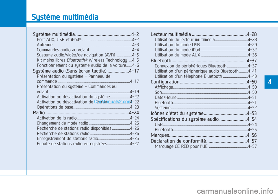 Hyundai Tucson 2019  Manuel du propriétaire (in French) Système multimédia 
Système multimédia ...............................................4-2
Port AUX, USB et iPod®..................................................4-2
Antenne .....................