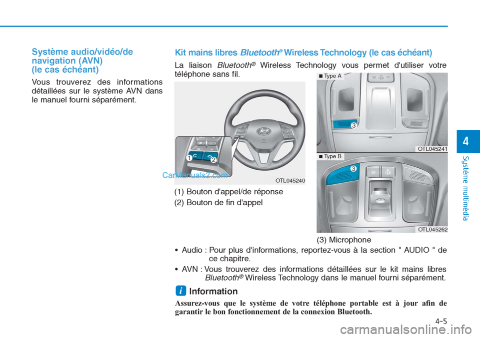 Hyundai Tucson 2019 Manuel du propriétaire (in French) Système audio/vidéo/de
navigation (AVN)
(le cas échéant)
Vous trouverez des informations
détaillées sur le système AVN dans
le manuel fourni séparément.
(1) Bouton dappel/de réponse
(2) Bo Hyundai Tucson 2019 Manuel du propriétaire (in French) Système audio/vidéo/de
navigation (AVN)
(le cas échéant)
Vous trouverez des informations
détaillées sur le système AVN dans
le manuel fourni séparément.
(1) Bouton dappel/de réponse
(2) Bo