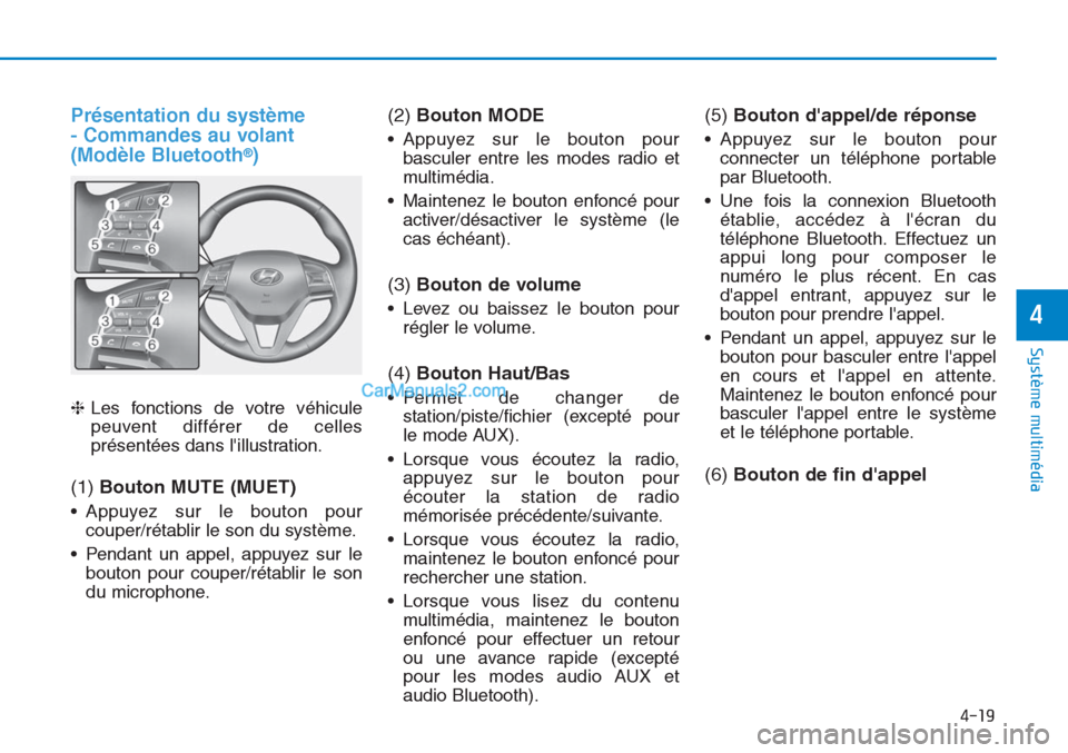 Hyundai Tucson 2019 Manuel du propriétaire (in French) 4-19
Système multimédia
4
Présentation du système
- Commandes au volant
(Modèle Bluetooth
®)
❈Les fonctions de votre véhicule
peuvent différer de celles
présentées dans lillustration.
( Hyundai Tucson 2019 Manuel du propriétaire (in French) 4-19
Système multimédia
4
Présentation du système
- Commandes au volant
(Modèle Bluetooth
®)
❈Les fonctions de votre véhicule
peuvent différer de celles
présentées dans lillustration.
(