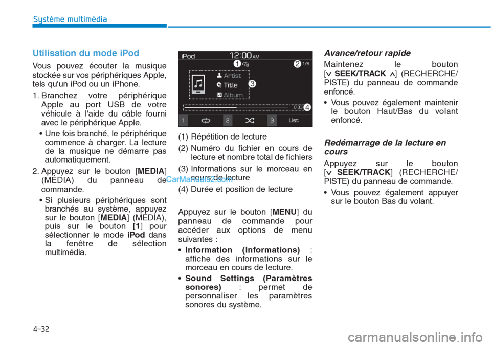 Hyundai Tucson 2019 Manuel du propriétaire (in French) 4-32
Système multimédia
Utilisation du mode iPod
Vous pouvez écouter la musique
stockée sur vos périphériques Apple,
tels quun iPod ou un iPhone.
1. Branchez votre périphérique
Apple au port Hyundai Tucson 2019 Manuel du propriétaire (in French) 4-32
Système multimédia
Utilisation du mode iPod
Vous pouvez écouter la musique
stockée sur vos périphériques Apple,
tels quun iPod ou un iPhone.
1. Branchez votre périphérique
Apple au port