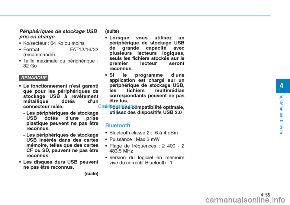 Hyundai Tucson 2019  Manuel du propriétaire (in French) 4-55
Système multimédia 
4
Périphériques de stockage USB
pris en charge
• Ko/secteur : 64 Ko ou moins
• Format : FAT12/16/32
(recommandé)
• Taille maximale du périphérique :
32 Go
• Le 