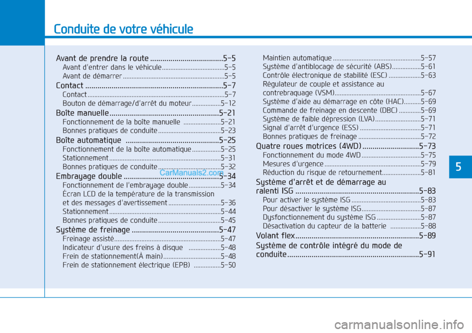 Hyundai Tucson 2019  Manuel du propriétaire (in French) Conduite de votre véhicule
Avant de prendre la route ....................................5-5
Avant dentrer dans le véhicule.....................................5-5
Avant de démarrer ..............