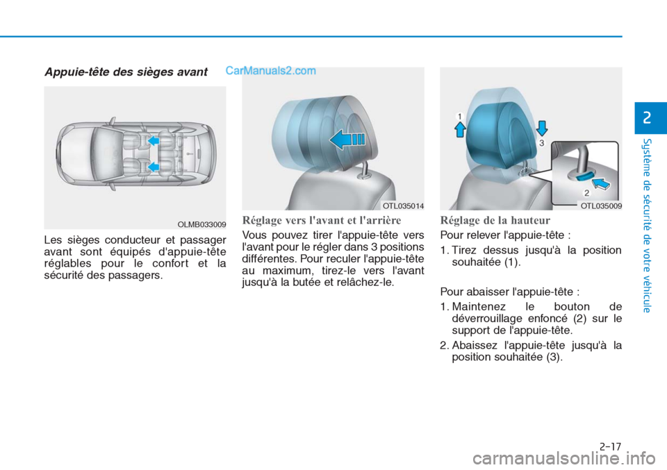 Hyundai Tucson 2019 Manuel du propriétaire (in French) 2-17
Système de sécurité de votre véhicule
2
Appuie-tête des sièges avant
Les sièges conducteur et passager
avant sont équipés dappuie-tête
réglables pour le confort et la
sécurité des Hyundai Tucson 2019 Manuel du propriétaire (in French) 2-17
Système de sécurité de votre véhicule
2
Appuie-tête des sièges avant
Les sièges conducteur et passager
avant sont équipés dappuie-tête
réglables pour le confort et la
sécurité des