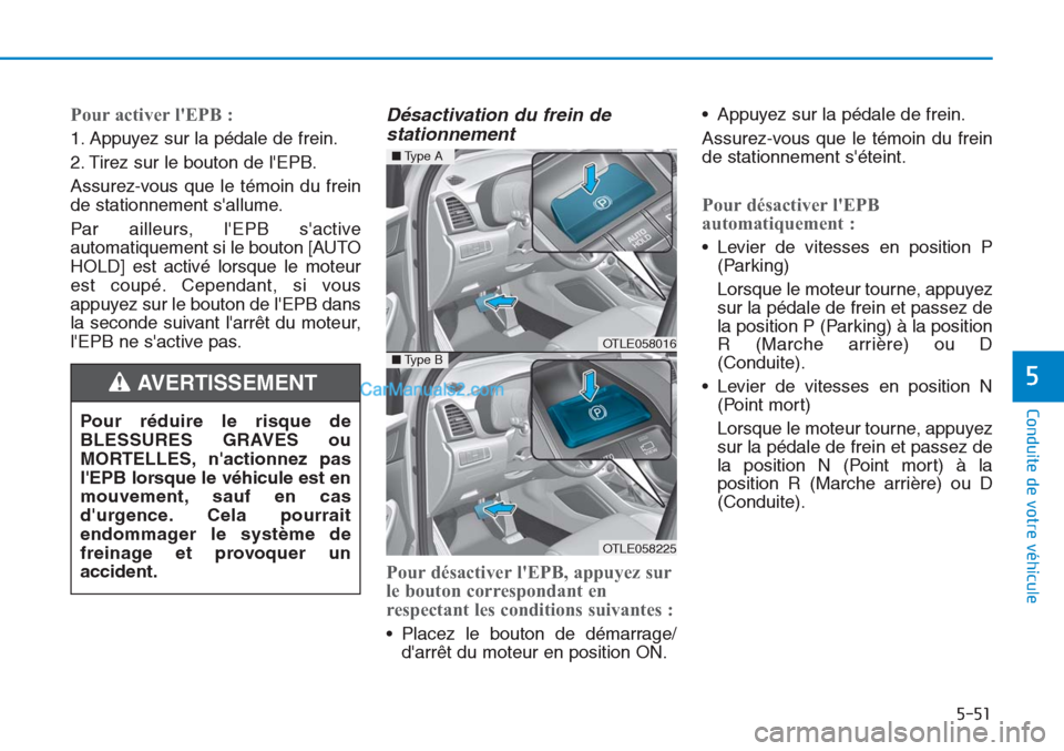 Hyundai Tucson 2019 Manuel du propriétaire (in French) 5-51
Conduite de votre véhicule
5
Pour activer lEPB :
1. Appuyez sur la pédale de frein.
2. Tirez sur le bouton de lEPB.
Assurez-vous que le témoin du frein
de stationnement sallume.
Par ailleu Hyundai Tucson 2019 Manuel du propriétaire (in French) 5-51
Conduite de votre véhicule
5
Pour activer lEPB :
1. Appuyez sur la pédale de frein.
2. Tirez sur le bouton de lEPB.
Assurez-vous que le témoin du frein
de stationnement sallume.
Par ailleu