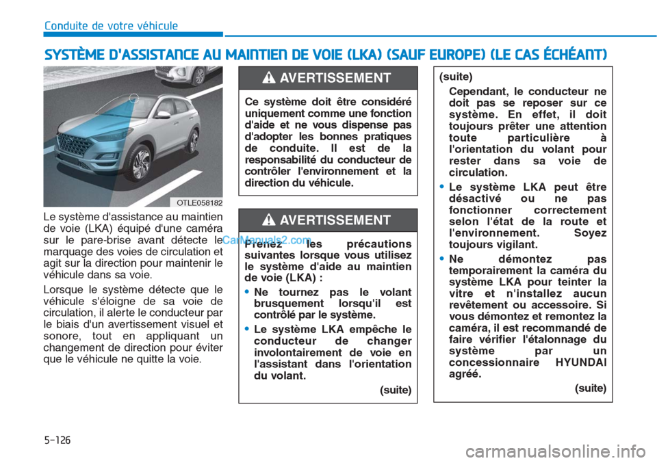 Hyundai Tucson 2019 Manuel du propriétaire (in French) 5-126
Conduite de votre véhicule
Le système dassistance au maintien
de voie (LKA) équipé dune caméra
sur le pare-brise avant détecte le
marquage des voies de circulation et
agit sur la directi Hyundai Tucson 2019 Manuel du propriétaire (in French) 5-126
Conduite de votre véhicule
Le système dassistance au maintien
de voie (LKA) équipé dune caméra
sur le pare-brise avant détecte le
marquage des voies de circulation et
agit sur la directi