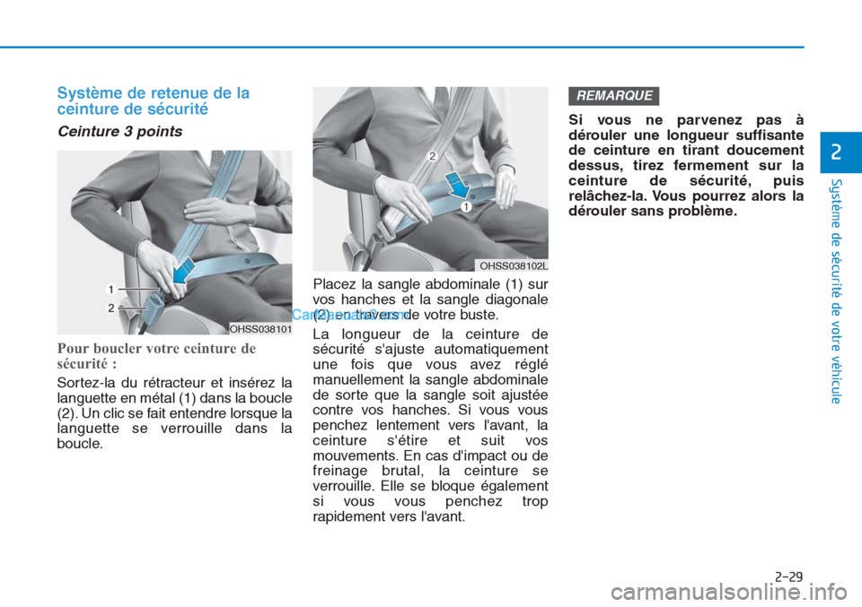 Hyundai Tucson 2019  Manuel du propriétaire (in French) 2-29
Système de sécurité de votre véhicule 
2
Système de retenue de la
ceinture de sécurité  
Ceinture 3 points 
Pour boucler votre ceinture de
sécurité : 
Sortez-la du rétracteur et insére