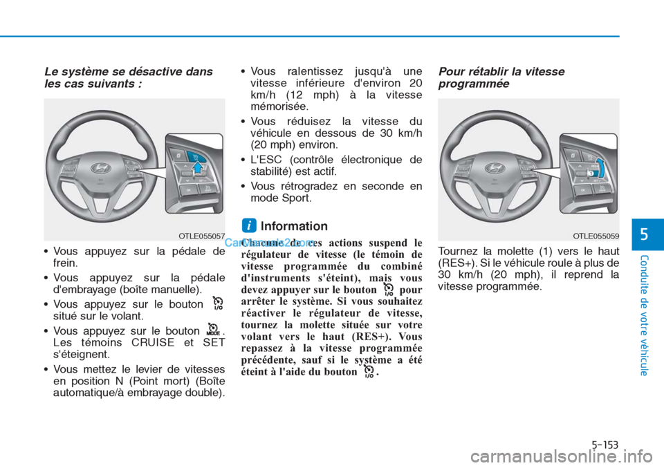Hyundai Tucson 2019 Manuel du propriétaire (in French) 5-153
Conduite de votre véhicule
5
Le système se désactive dans
les cas suivants :
• Vous appuyez sur la pédale de
frein.
• Vous appuyez sur la pédale
dembrayage (boîte manuelle).
• Vous Hyundai Tucson 2019 Manuel du propriétaire (in French) 5-153
Conduite de votre véhicule
5
Le système se désactive dans
les cas suivants :
• Vous appuyez sur la pédale de
frein.
• Vous appuyez sur la pédale
dembrayage (boîte manuelle).
• Vous