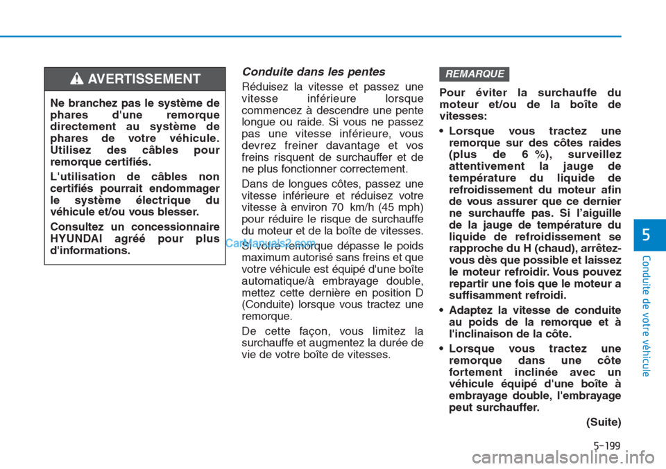 Hyundai Tucson 2019  Manuel du propriétaire (in French) 5-199
Conduite de votre véhicule
5
Conduite dans les pentes
Réduisez la vitesse et passez une
vitesse inférieure lorsque
commencez à descendre une pente
longue ou raide. Si vous ne passez
pas une 