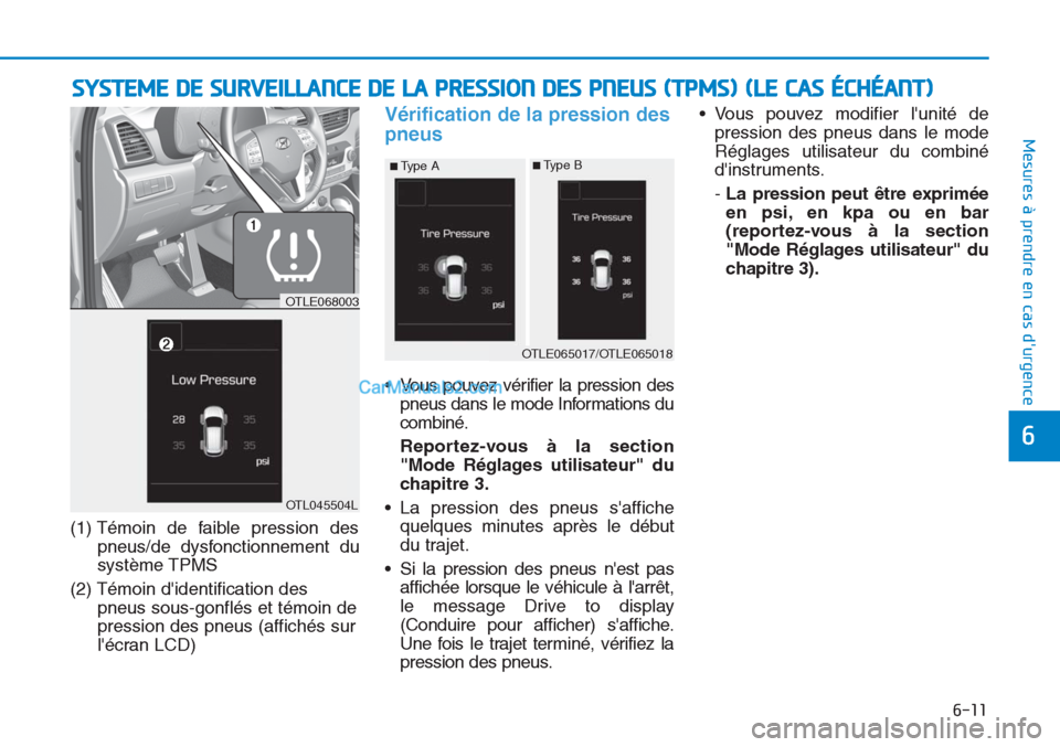 Hyundai Tucson 2019  Manuel du propriétaire (in French) 6-11
Mesures à prendre en cas durgence 
6
(1) Témoin de faible pression des
pneus/de dysfonctionnement du
système TPMS
(2) Témoin didentification des
pneus sous-gonflés et témoin de
pression d