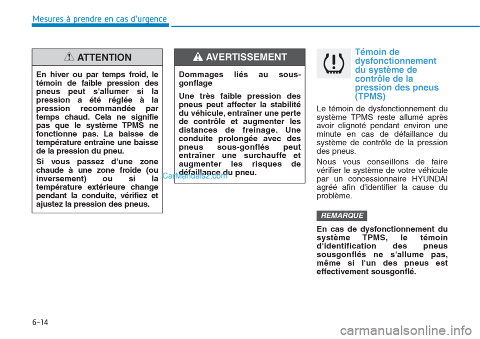 Hyundai Tucson 2019  Manuel du propriétaire (in French) 6-14
Mesures à prendre en cas durgence 
Témoin de
dysfonctionnement
du système de
contrôle de la
pression des pneus
(TPMS)
Le témoin de dysfonctionnement du
système TPMS reste allumé après
av