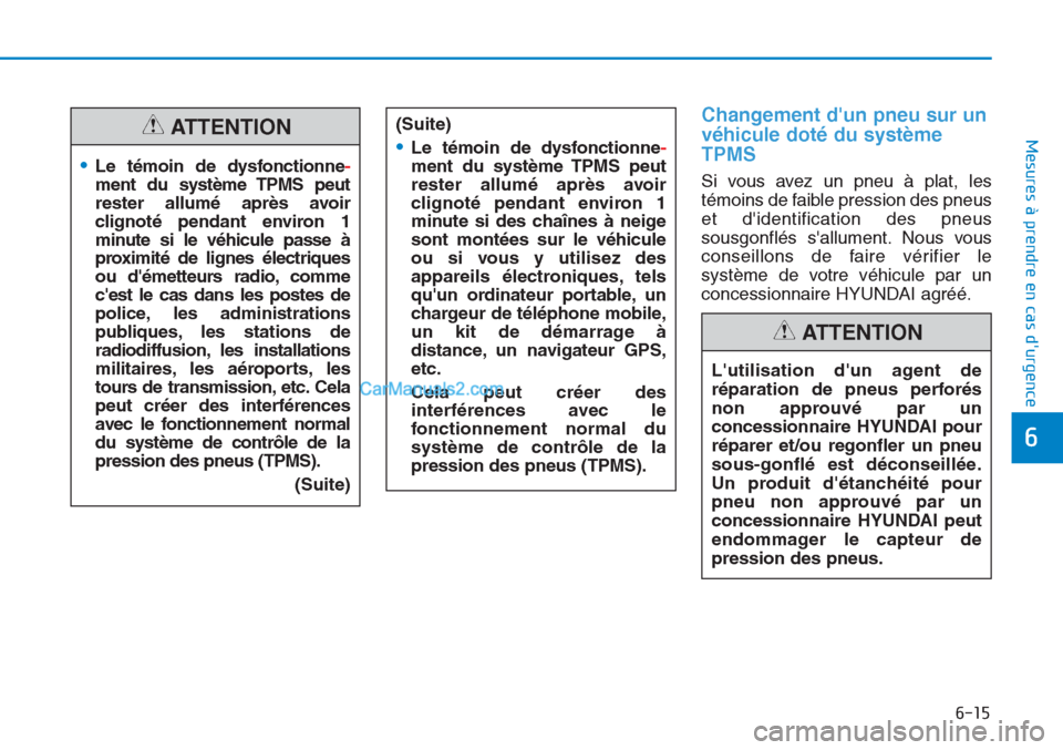 Hyundai Tucson 2019  Manuel du propriétaire (in French) 6-15
Mesures à prendre en cas durgence 
6
Changement dun pneu sur un
véhicule doté du système
TPMS
Si vous avez un pneu à plat, les
témoins de faible pression des pneus
et didentification des