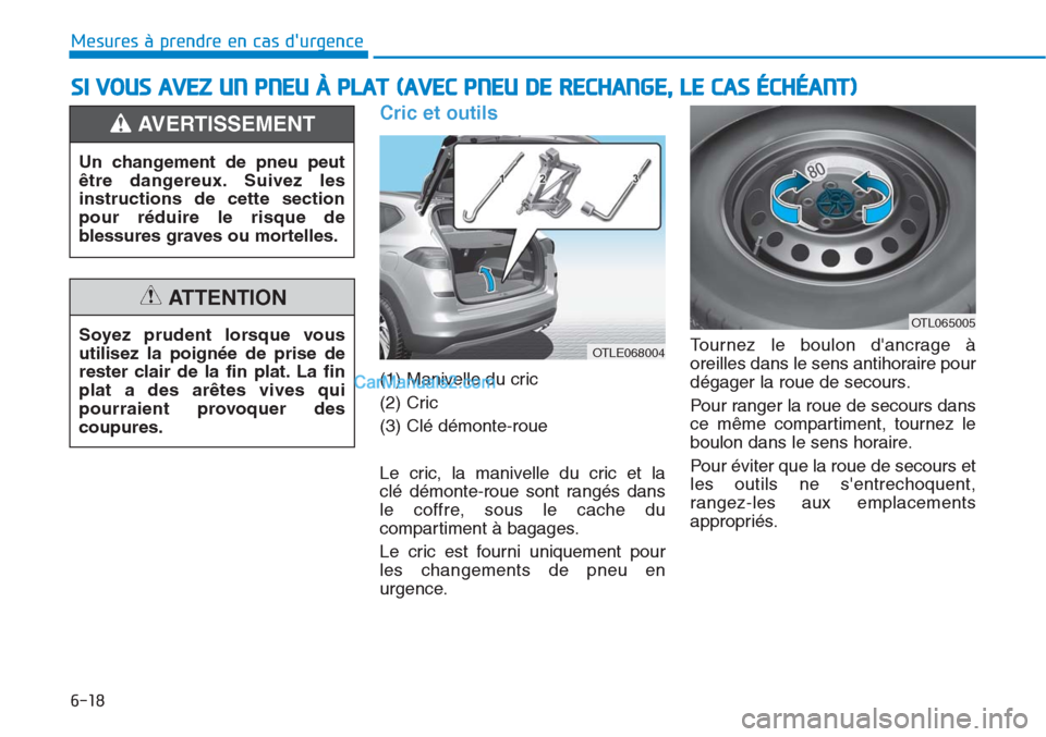 Hyundai Tucson 2019  Manuel du propriétaire (in French) 6-18
Mesures à prendre en cas durgence 
Cric et outils 
(1) Manivelle du cric
(2) Cric
(3) Clé démonte-roue
Le cric, la manivelle du cric et la 
clé démonte-roue sont rangés dans
le coffre, sou
