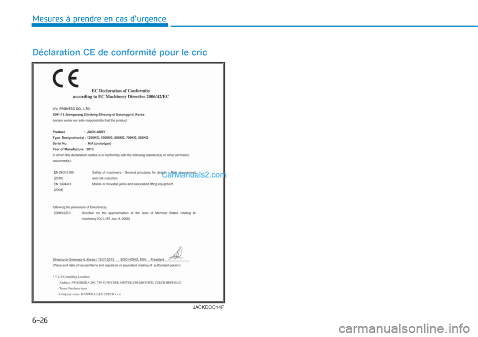 Hyundai Tucson 2019 Manuel du propriétaire (in French) 6-26
Mesures à prendre en cas durgence
JACKDOC14F
Déclaration CE de conformité pour le cric Hyundai Tucson 2019 Manuel du propriétaire (in French) 6-26
Mesures à prendre en cas durgence
JACKDOC14F
Déclaration CE de conformité pour le cric