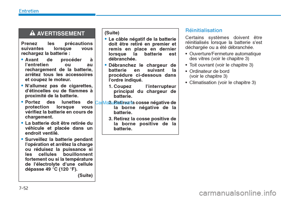 Hyundai Tucson 2019 Manuel du propriétaire (in French) 7-52
Entretien
Réinitialisation
Certains systèmes doivent être
réinitialisés lorsque la batterie sest
déchargée ou a été débranchée.
• Ouverture/Fermeture automatique
des vitres (voir l Hyundai Tucson 2019 Manuel du propriétaire (in French) 7-52
Entretien
Réinitialisation
Certains systèmes doivent être
réinitialisés lorsque la batterie sest
déchargée ou a été débranchée.
• Ouverture/Fermeture automatique
des vitres (voir l