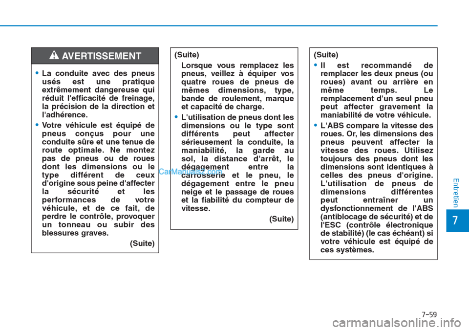 Hyundai Tucson 2019 Manuel du propriétaire (in French) 7-59
7
Entretien
(Suite)
Lorsque vous remplacez les
pneus, veillez à équiper vos
quatre roues de pneus de
mêmes dimensions, type,
bande de roulement, marque
et capacité de charge.
•Lutilisation Hyundai Tucson 2019 Manuel du propriétaire (in French) 7-59
7
Entretien
(Suite)
Lorsque vous remplacez les
pneus, veillez à équiper vos
quatre roues de pneus de
mêmes dimensions, type,
bande de roulement, marque
et capacité de charge.
•Lutilisation