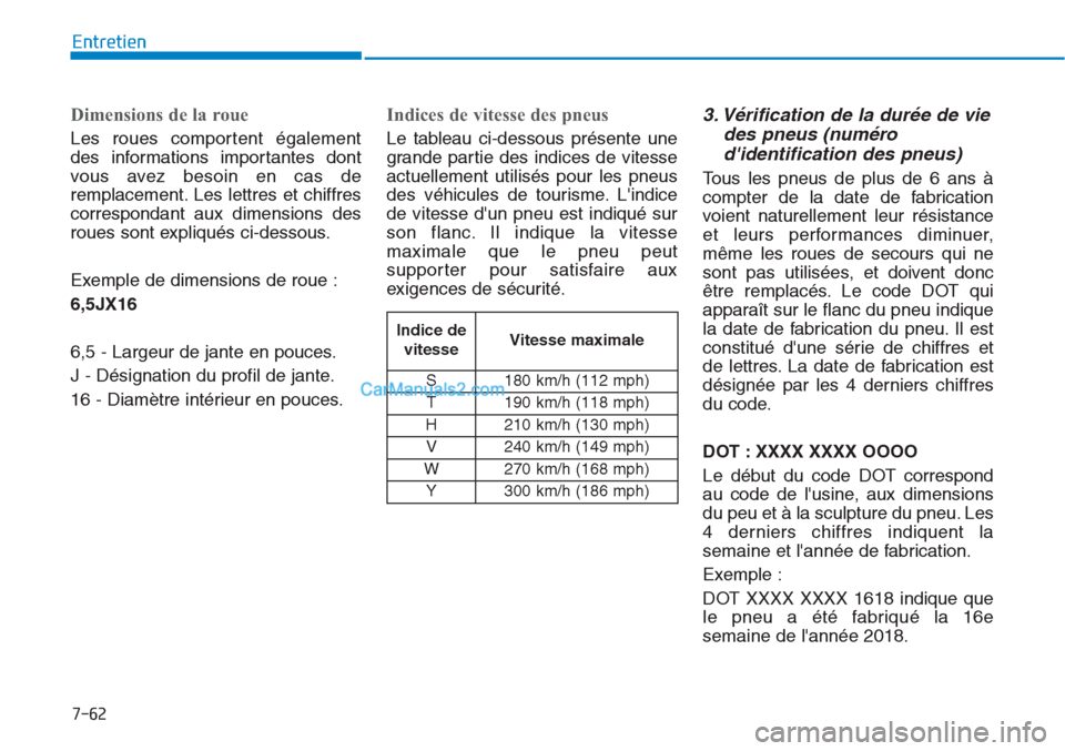 Hyundai Tucson 2019  Manuel du propriétaire (in French) 7-62
Entretien
Dimensions de la roue 
Les roues comportent également
des informations importantes dont
vous avez besoin en cas de
remplacement. Les lettres et chiffres
correspondant aux dimensions de