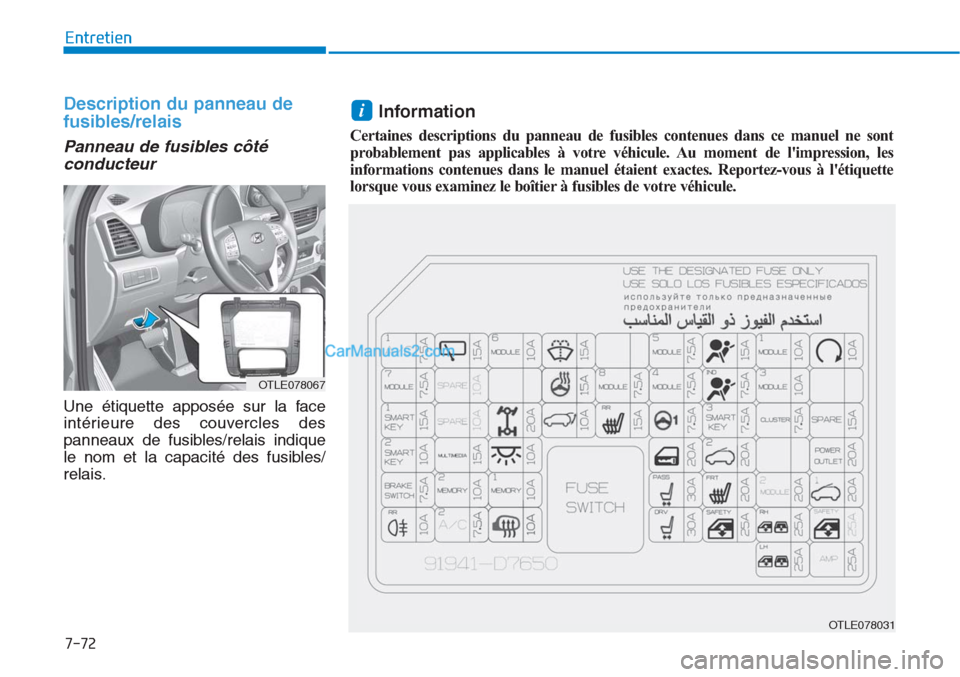 Hyundai Tucson 2019 Manuel du propriétaire (in French) 7-72
Entretien
Description du panneau de
fusibles/relais
Panneau de fusibles côté
conducteur
Une étiquette apposée sur la face
intérieure des couvercles des
panneaux de fusibles/relais indique
Hyundai Tucson 2019 Manuel du propriétaire (in French) 7-72
Entretien
Description du panneau de
fusibles/relais
Panneau de fusibles côté
conducteur
Une étiquette apposée sur la face
intérieure des couvercles des
panneaux de fusibles/relais indique