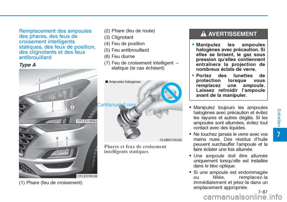 Hyundai Tucson 2019 Manuel du propriétaire (in French) 7-87
7
Entretien
Remplacement des ampoules
des phares, des feux de
croisement intelligents
statiques, des feux de position,
des clignotants et des feux
antibrouillard
Ty p e A
(1) Phare (feu de crois Hyundai Tucson 2019 Manuel du propriétaire (in French) 7-87
7
Entretien
Remplacement des ampoules
des phares, des feux de
croisement intelligents
statiques, des feux de position,
des clignotants et des feux
antibrouillard
Ty p e A
(1) Phare (feu de crois