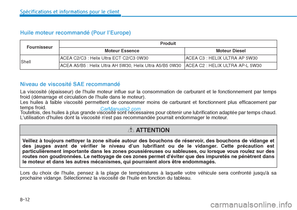 Hyundai Tucson 2019  Manuel du propriétaire (in French) 8-12
Spécifications et informations pour le client
Veillez à toujours nettoyer la zone située autour des bouchons de réservoir, des bouchons de vidange et
des jauges avant de vérifier le niveau d
