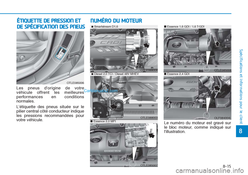 Hyundai Tucson 2019  Manuel du propriétaire (in French) 8-15
8
Spécifications et informations pour le client
Les pneus dorigine de votre
véhicule offrent les meilleures
performances en conditions
normales.
Létiquette des pneus située sur le
pilier ce