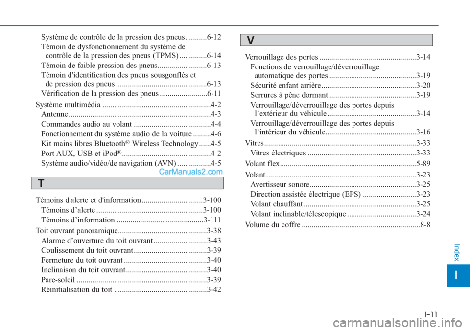 Hyundai Tucson 2019  Manuel du propriétaire (in French) I-11
Système de contrôle de la pression des pneus...........6-12
Témoin de dysfonctionnement du système de 
contrôle de la pression des pneus (TPMS) ..............6-14
Témoin de faible pression 