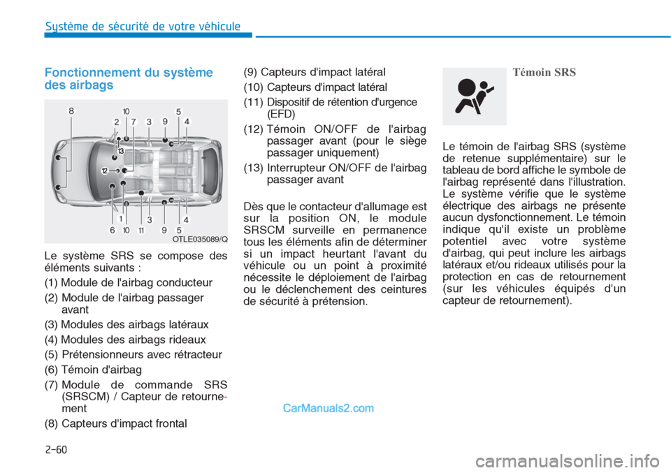 Hyundai Tucson 2019  Manuel du propriétaire (in French) 2-60
Système de sécurité de votre véhicule 
Fonctionnement du système
des airbags 
Le système SRS se compose des
éléments suivants :
(1) Module de lairbag conducteur
(2) Module de lairbag pa