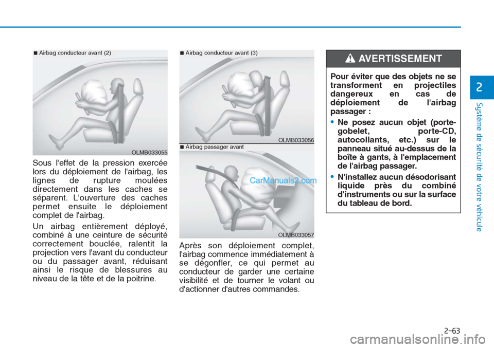 Hyundai Tucson 2019  Manuel du propriétaire (in French) 2-63
Système de sécurité de votre véhicule 
2
Sous leffet de la pression exercée
lors du déploiement de lairbag, les
lignes de rupture moulées
directement dans les caches se
séparent. Louve