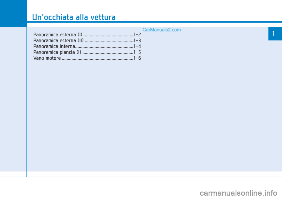 Hyundai Tucson 2019  Manuale del proprietario (in Italian) Unocchiata alla vettura
1
Unocchiata alla vettura
1Panoramica esterna (I)..........................................1-2
Panoramica esterna (II) ........................................1-3
Panoramica 