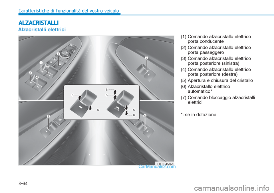 Hyundai Tucson 2019  Manuale del proprietario (in Italian) 3-34
Caratteristiche di funzionalità del vostro veicolo
ALZACRISTALLI
Alzacristalli elettrici
(1) Comando alzacristallo elettrico
porta conducente
(2) Comando alzacristallo elettrico
porta passeggero