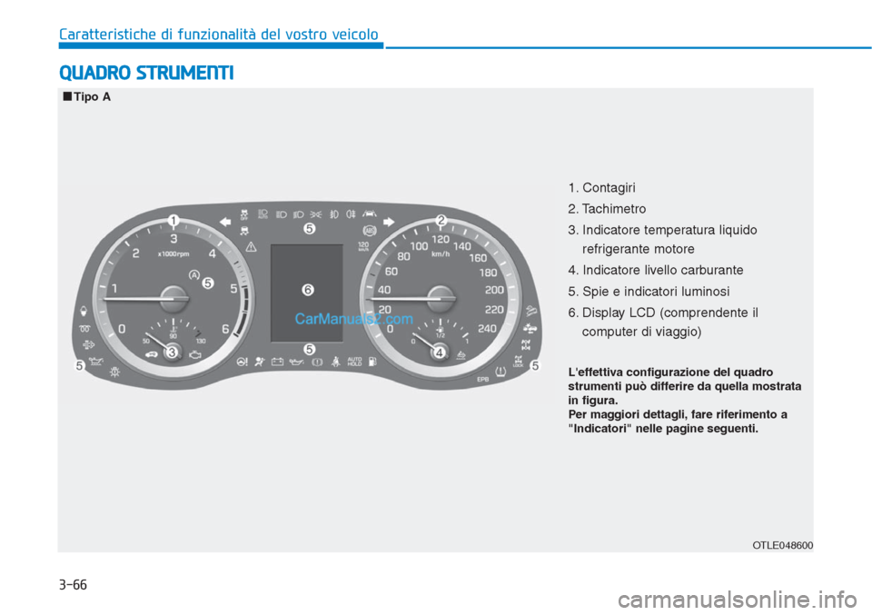 Hyundai Tucson 2019  Manuale del proprietario (in Italian) 3-66
Caratteristiche di funzionalità del vostro veicolo
QUADRO STRUMENTI
1. Contagiri 
2. Tachimetro
3. Indicatore temperatura liquido
refrigerante motore
4. Indicatore livello carburante
5. Spie e i