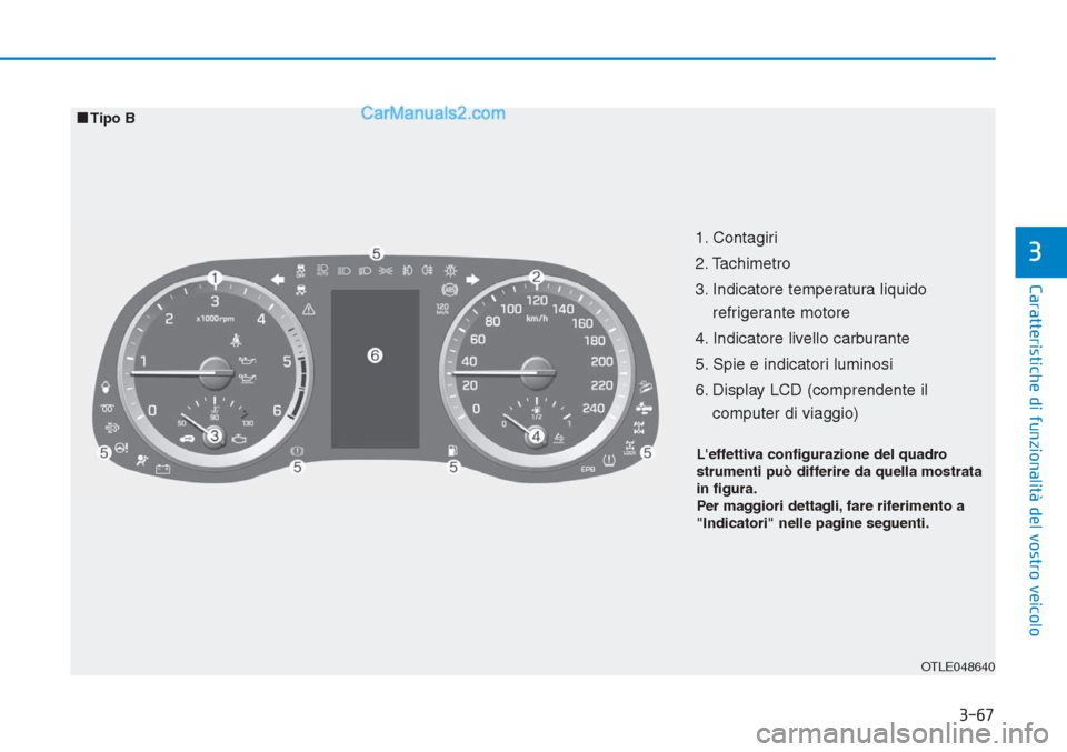 Hyundai Tucson 2019 Manuale del proprietario (in Italian) 3-67
Caratteristiche di funzionalità del vostro veicolo
31. Contagiri
2. Tachimetro
3. Indicatore temperatura liquido
refrigerante motore
4. Indicatore livello carburante
5. Spie e indicatori lumino Hyundai Tucson 2019 Manuale del proprietario (in Italian) 3-67
Caratteristiche di funzionalità del vostro veicolo
31. Contagiri
2. Tachimetro
3. Indicatore temperatura liquido
refrigerante motore
4. Indicatore livello carburante
5. Spie e indicatori lumino