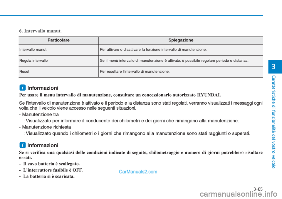 Hyundai Tucson 2019 Manuale del proprietario (in Italian) 3-85
Caratteristiche di funzionalità del vostro veicolo
3
ParticolareSpiegazione
Intervallo manut.Per attivare o disattivare la funzione intervallo di manutenzione.
Regola intervalloSe il menù inter Hyundai Tucson 2019 Manuale del proprietario (in Italian) 3-85
Caratteristiche di funzionalità del vostro veicolo
3
ParticolareSpiegazione
Intervallo manut.Per attivare o disattivare la funzione intervallo di manutenzione.
Regola intervalloSe il menù inter