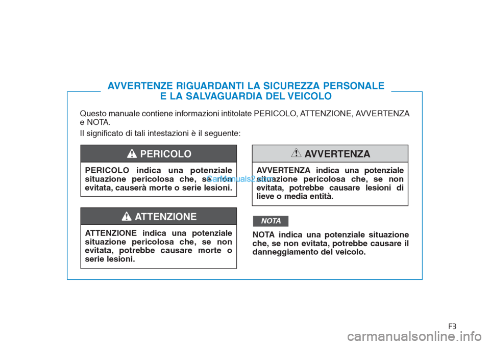 Hyundai Tucson 2019 Manuale del proprietario (in Italian) F3
Questo manuale contiene informazioni intitolate PERICOLO, ATTENZIONE, AVVERTENZA
e NOTA.
Il significato di tali intestazioni è il seguente:
AVVERTENZE RIGUARDANTI LA SICUREZZA PERSONALE
E LA SALVA Hyundai Tucson 2019 Manuale del proprietario (in Italian) F3
Questo manuale contiene informazioni intitolate PERICOLO, ATTENZIONE, AVVERTENZA
e NOTA.
Il significato di tali intestazioni è il seguente:
AVVERTENZE RIGUARDANTI LA SICUREZZA PERSONALE
E LA SALVA