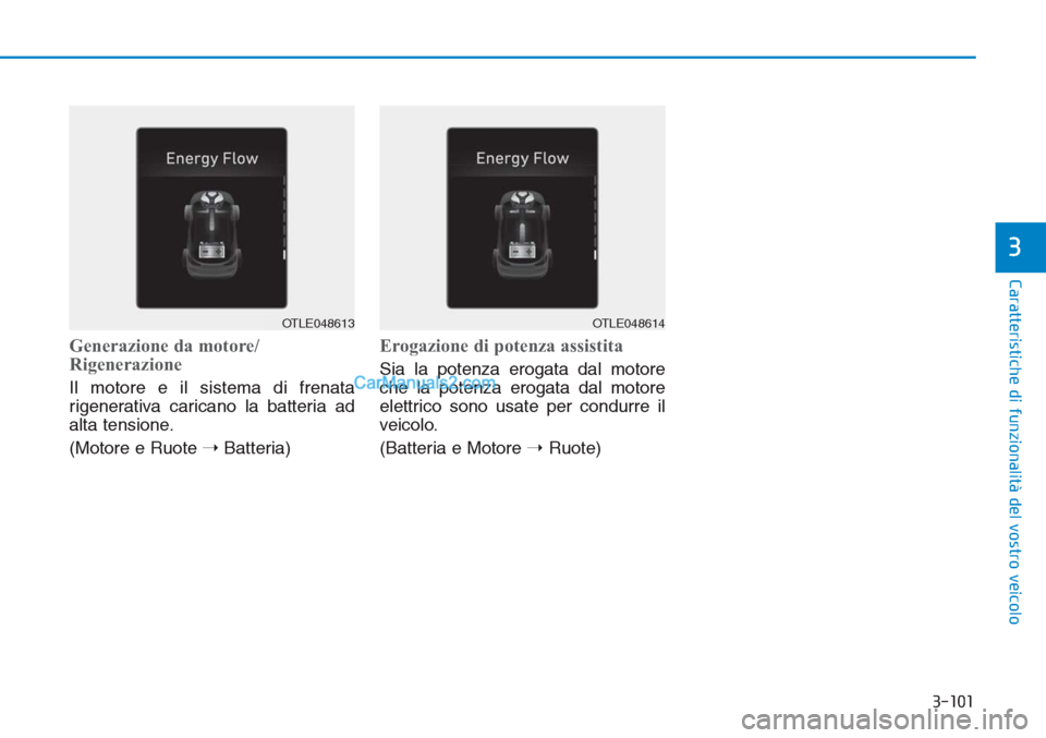 Hyundai Tucson 2019 Manuale del proprietario (in Italian) 3-101
Caratteristiche di funzionalità del vostro veicolo
3
Generazione da motore/
Rigenerazione
Il motore e il sistema di frenata
rigenerativa caricano la batteria ad
alta tensione.
(Motore e Ruote Hyundai Tucson 2019 Manuale del proprietario (in Italian) 3-101
Caratteristiche di funzionalità del vostro veicolo
3
Generazione da motore/
Rigenerazione
Il motore e il sistema di frenata
rigenerativa caricano la batteria ad
alta tensione.
(Motore e Ruote