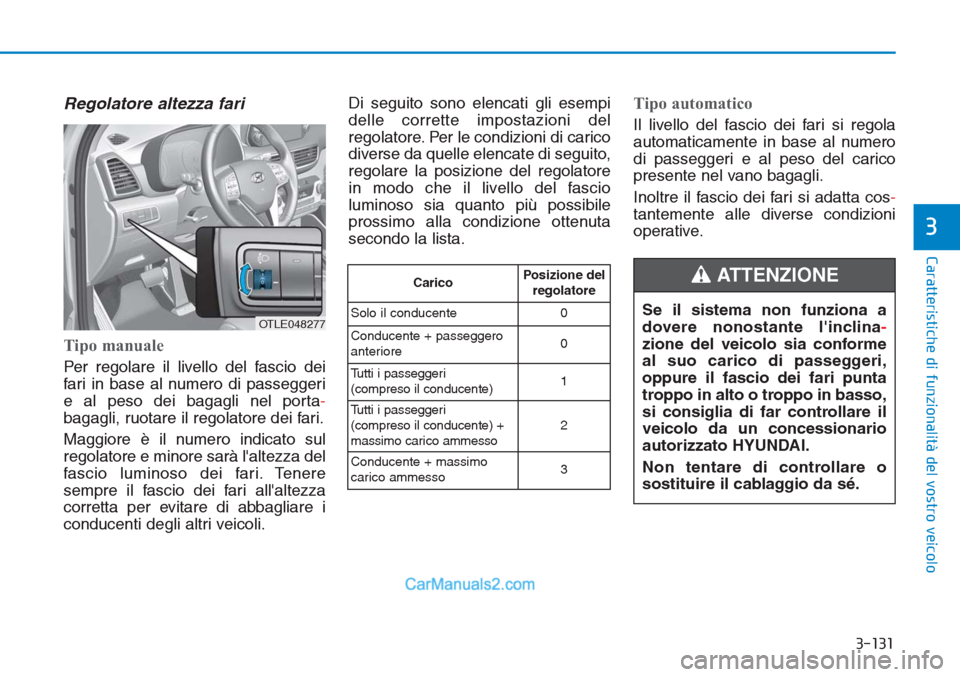 Hyundai Tucson 2019 Manuale del proprietario (in Italian) 3-131
Caratteristiche di funzionalità del vostro veicolo
3
Regolatore altezza fari
Tipo manuale
Per regolare il livello del fascio dei
fari in base al numero di passeggeri
e al peso dei bagagli nel Hyundai Tucson 2019 Manuale del proprietario (in Italian) 3-131
Caratteristiche di funzionalità del vostro veicolo
3
Regolatore altezza fari
Tipo manuale
Per regolare il livello del fascio dei
fari in base al numero di passeggeri
e al peso dei bagagli nel